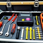 **

A meticulously organized RC car setup area. A checklist is prominently displayed.  Various tools are neatly arranged (Allen wrenches, screwdrivers, multimeter).  A fully charged LiPo battery is connected to a charger.  The RC car itself is partially visible, highlighting areas of inspection (suspension, tires). The setting is a garage or workshop. Focus on conveying preparation and attention to detail.

**