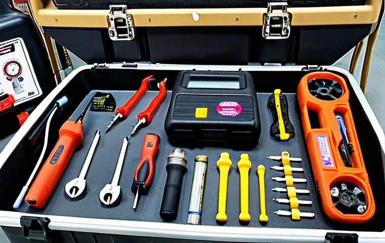 **
A meticulously organized RC car setup area. A checklist is prominently displayed. Various tools are neatly arranged (Allen wrenches, screwdrivers, multimeter). A fully charged LiPo battery is connected to a charger. The RC car itself is partially visible, highlighting areas of inspection (suspension, tires). The setting is a garage or workshop. Focus on conveying preparation and attention to detail.
**