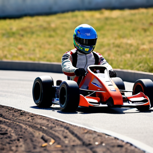 A professional RC race driver, highly focused and determined, wearing a modern, ergonomic, and breathable racing suit that fits like a second skin. The scene is set on a sunny, outdoor RC track, with a blurred RC car in motion in the background, emphasizing the driver's intense concentration and comfort. The suit's design subtly conveys high-performance fabric and its role in enhancing mental acuity and winning mentality.