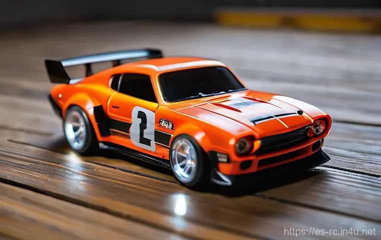 RC카 초소형 모델 리뷰 - **Prompt:** A highly detailed, custom-painted micro RC drift car, approximately 1:76 scale, is captu...