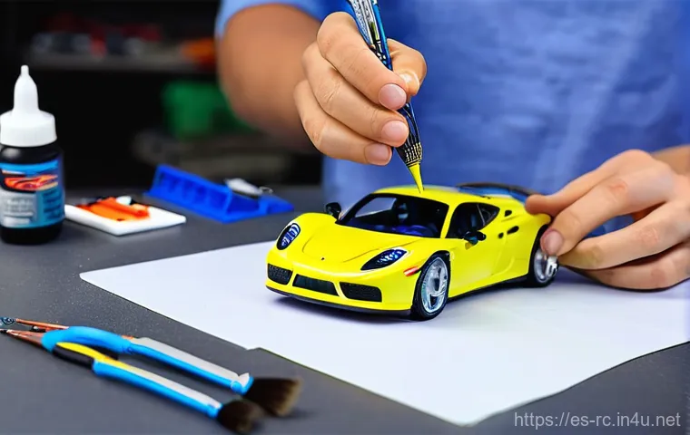 RC카 초소형 모델 리뷰 - **Prompt:** A highly detailed, custom-painted micro RC drift car, approximately 1:76 scale, is captu...