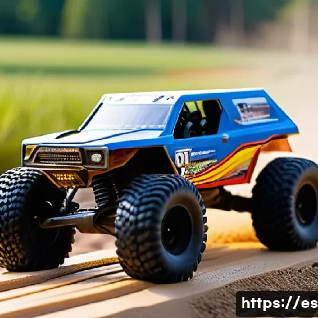 RC카의 트랙 디자인 아이디어 - A dynamic RC car racing track set outdoors featuring mixed terrain: compacted dirt blended with fine...