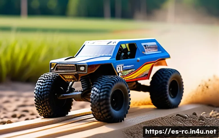 RC카의 트랙 디자인 아이디어 - A dynamic RC car racing track set outdoors featuring mixed terrain: compacted dirt blended with fine...
