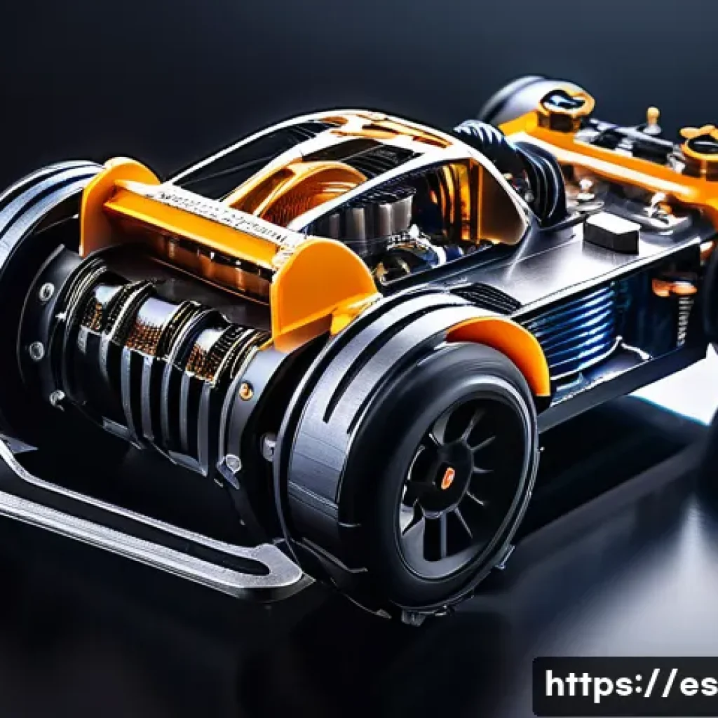 RC카를 활용한 공학 프로젝트 - A detailed close-up of a high-performance brushless electric motor mounted on a sleek RC car chassis...
