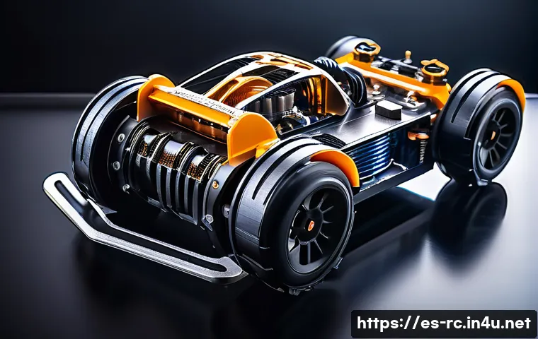 RC카를 활용한 공학 프로젝트 - A detailed close-up of a high-performance brushless electric motor mounted on a sleek RC car chassis...