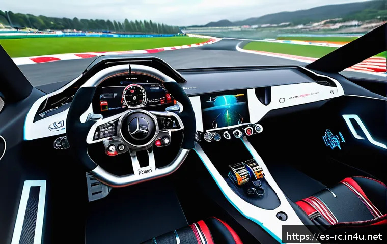 RC카와 유사한 레이싱 시뮬레이터 - A hyper-realistic racing simulator cockpit setup featuring a professional-grade steering wheel with ...