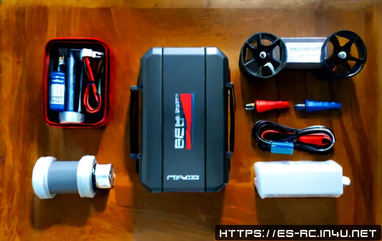 RC카 액세서리 필수품 - Photorealistic overhead flat lay of essential RC car accessories neatly arranged on a clean wooden w...