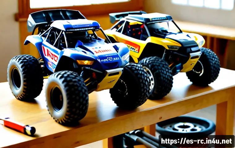 RC카의 해외 브랜드 소개 - Photorealistic comparison scene of two unbranded high-performance RC cars, a rugged off-road buggy w...