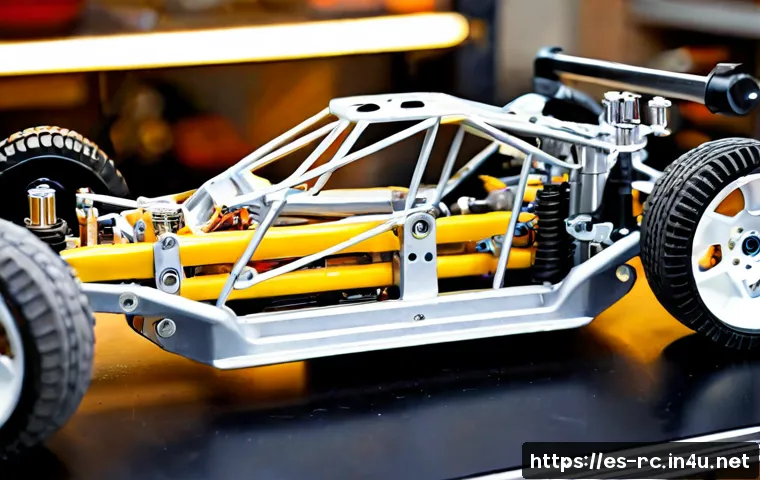 Home 16 RC카의 기계적 부품 분석 - Photorealistic close-up of a hobby-grade RC car mechanical chassis on a clean workshop bench, expose...