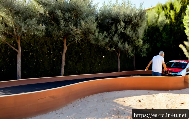 RC카 전용 트랙 제작법 - Photorealistic backyard workshop in Spain, a middle-aged hobbyist carefully shaping a compact RC car...