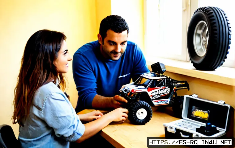 RC카 전문가 인터뷰 - Photorealistic editorial interview scene in a bright Spanish hobby workshop, experienced RC car spec...